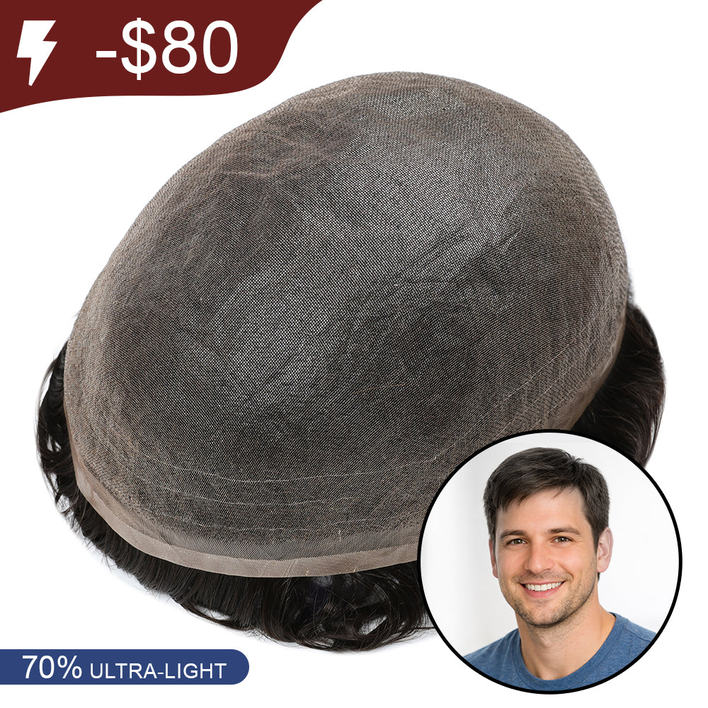 70% Extra Light Density Men Toupee Hawaii Full Swiss Mono hair