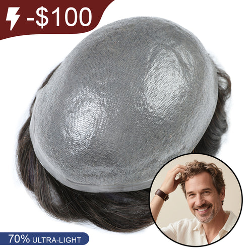 70% Extra Light Density Men Hair System V-loop 0.03mm skin base Sage|No-shine under Lights, Blends Well with Your Skin