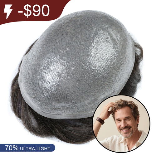 70% Extra Light Density Men Hair System V-loop 0.03mm skin base Sage|No-shine under Lights, Blends Well with Your Skin