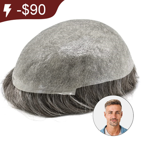 Men Hair System Extra Light Density V-loop 0.03mm Ultra-thin skin base Sage|No-shine under Lights, Blends Well with Your Skin