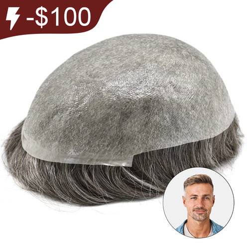 Men Hair System Extra Light Density V-loop 0.03mm Ultra-thin skin base Sage|No-shine under Lights, Blends Well with Your Skin